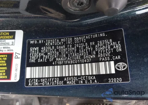 2012 Toyota Camry Se from USA, damaged, VIN 4T1BF1FK8CU110437